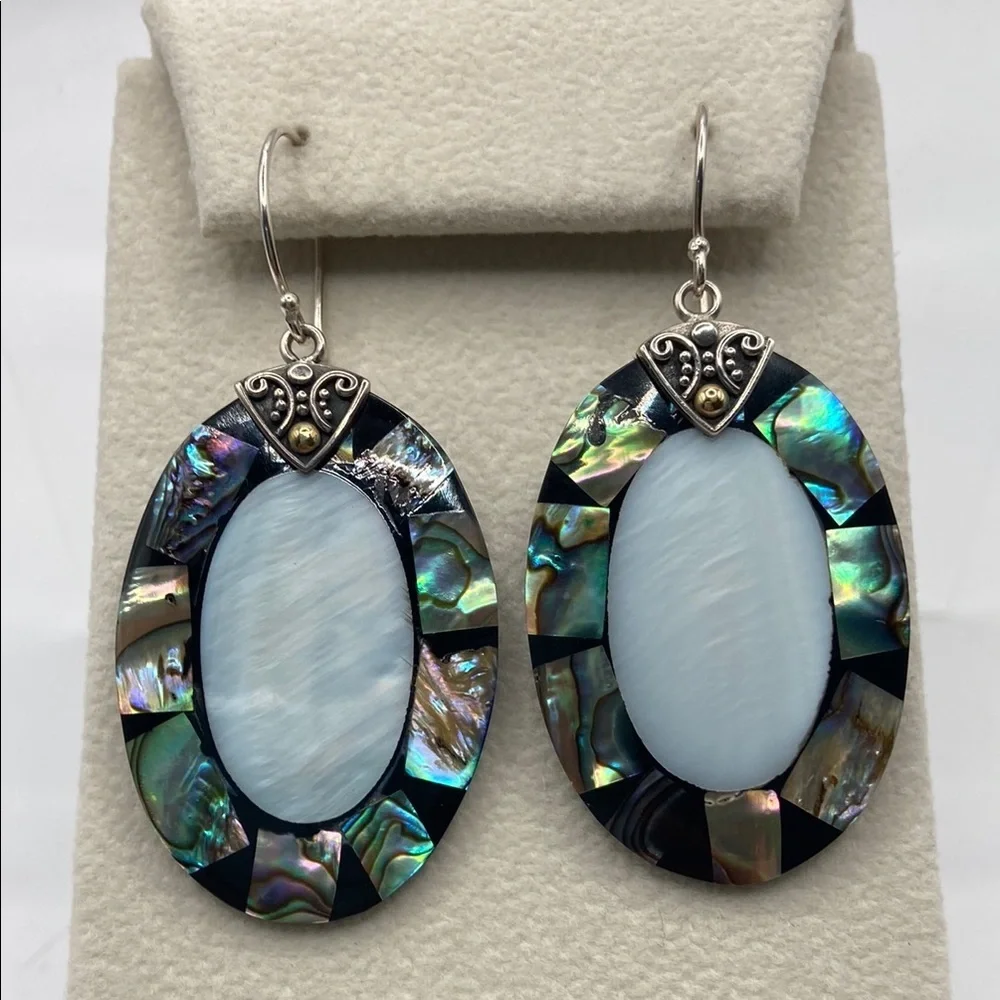 Robert Manse Sterling Silver 18K Abalone Mother of Pearl Earrings 2 1/4”L - Picture 1 of 13